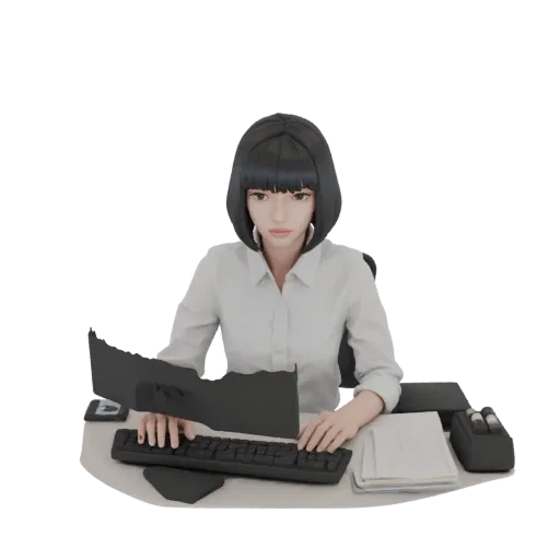 3D model of a female office worker sitting at a desk in front of a computer, with black hair and a bob cut.