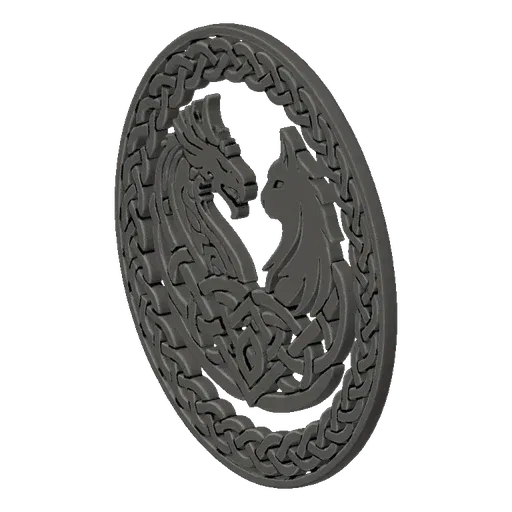 3D model render of a circular Celtic emblem with a dragon and cat intertwined, set against a dark background.