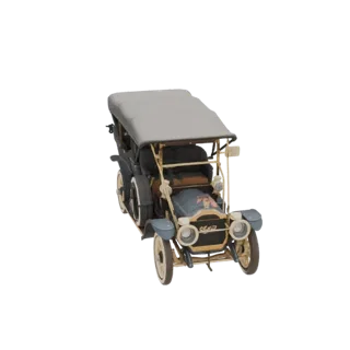 Modelo 3D de un coche de turismo vintage descapotable con techo gris, ruedas de radios y faros clásicos, visto desde el frent