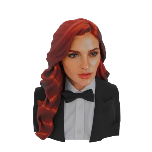 3D model bust of an elegant woman with red hair wearing a black tuxedo and bow tie.