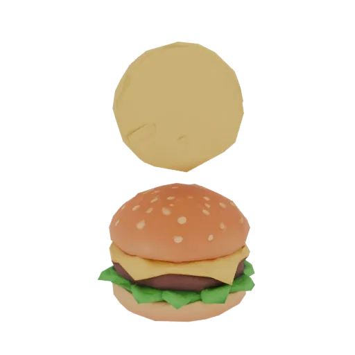 3D model of a minimalist burger, featuring buns, patty, cheese, and lettuce, on a white background