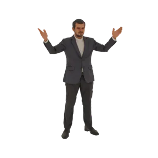 Modello 3D di un uomo in abito scuro, in piedi con le braccia tese e i palmi verso l'alto, in un gesto di presentazione.