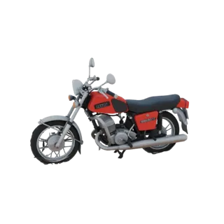 Modello 3D di una moto rossa vintage con accenti cromati e design classico, mostrato su uno sfondo bianco.