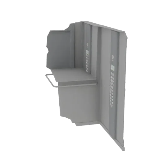 3D model of a modern elevator interior with a grey finish, featuring a control panel with buttons and a digital display, and