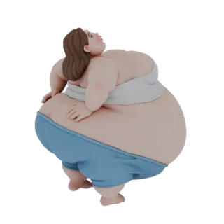 مجسم ثلاثي الأبعاد لامرأة سمينة بأسلوب فني ترتدي بلوزة بيضاء وشورت أزرق، تنظر للأعلى.