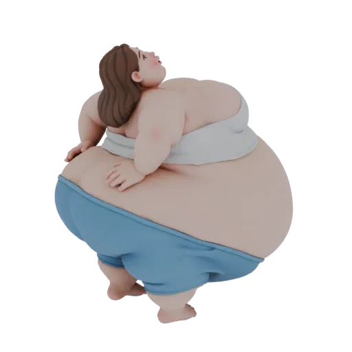 Modelo 3D de uma mulher curvy estilizada usando blusa branca e shorts azuis, olhando para cima.