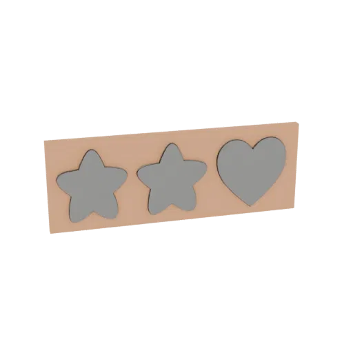 3D render of a light-colored puzzle board with two star-shaped and one heart-shaped cutout, isolated on a white background.