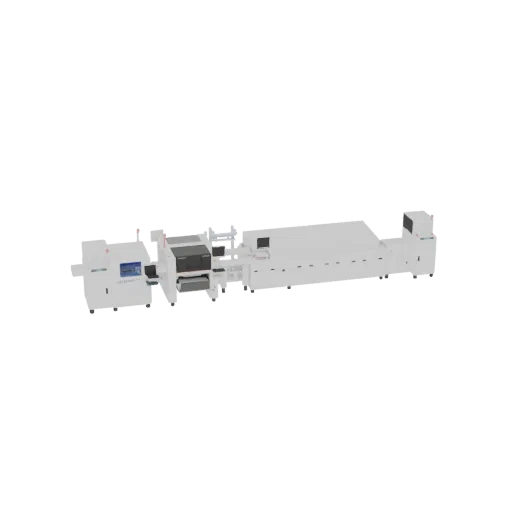 Modelo 3D de uma longa linha industrial de Tecnologia de Montagem em Superfície (SMT) com múltiplas máquinas interconectadas.
