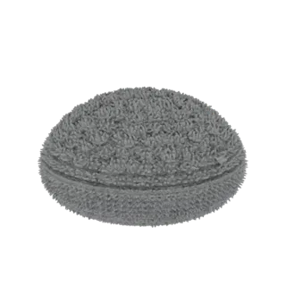 Modelo 3D de un cojín redondo gris esponjoso con superficie texturizada, aislado sobre fondo blanco.