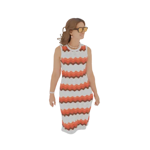3D-Modell einer Frau in ärmellosem orange-weißem Chevron-Strickkleid und gelber Sonnenbrille, die zur Seite blickt.
