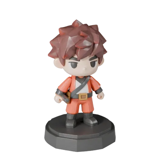 Vista previa del modelo 3D low poly de la Figurilla de Aventura mostrando pose, vista de juego en tres cuartos, proporción de