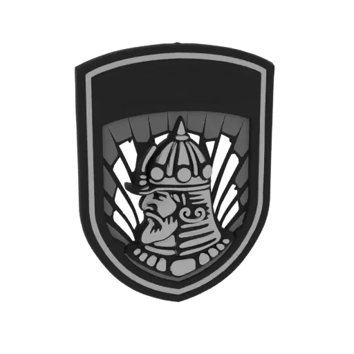 3D model of a medieval warrior emblem featuring a warrior's bust in a helmet against a stylized shield background.