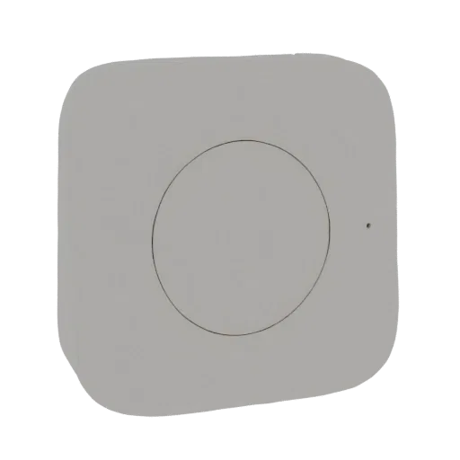 Ein minimalistisches, quadratisches Smart-Home-Hub-3D-Modell mit kreisförmiger Vertiefung und kleiner Anzeigelampe, gerendert