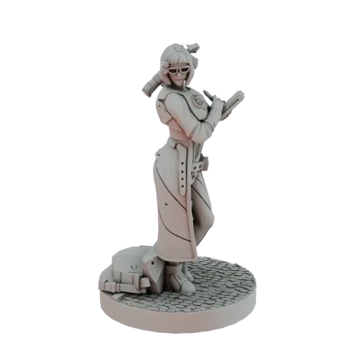 3D model of a steampunk scientist wearing goggles and holding a book, standing on a cobblestone base.