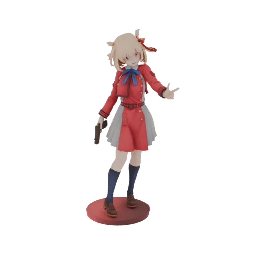3D model of an anime girl in a red uniform, holding a pistol and striking a dynamic pose.