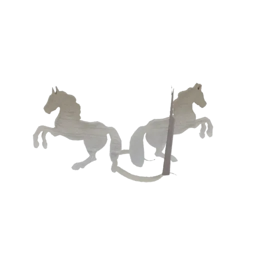 3D model of two white horses in silhouette, captured mid-gallop and facing away from each other.