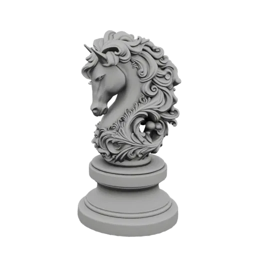 3D model render of a highly detailed, ornate Baroque horse knight chess piece with intricate scrollwork and a flowing mane, s