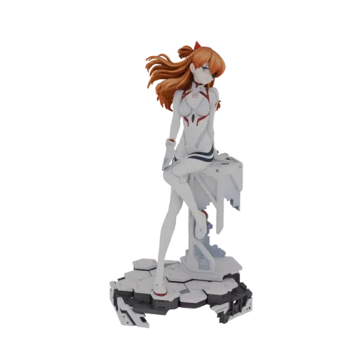 3D model of Asuka Langley Soryu in her plugsuit, sitting on a ruined, debris-filled base, with her hair flowing.