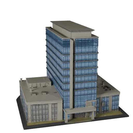 Prédio de escritório de vidro estilizado 3D model, vista isométrica estilizada de ambiente de jogo, mostrando materiais de pr