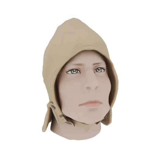 3D model of a tan medieval hooded cowl with a pointed top and chin straps, displayed on a mannequin head.