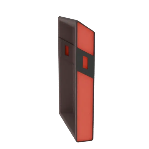 3D model of a futuristic electronic device with red and black panels and illuminated accents, viewed from the side.
