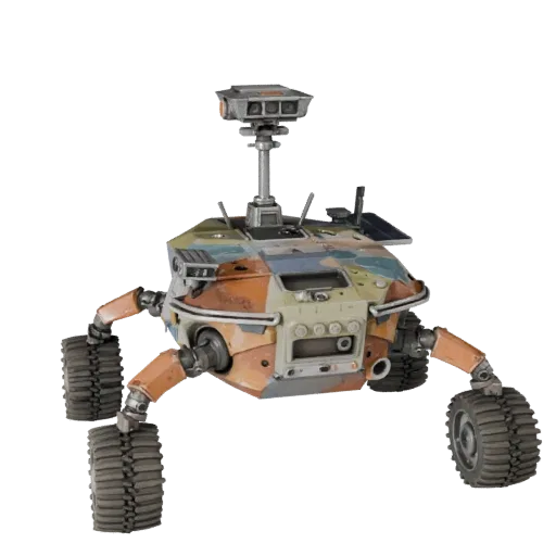 Modelo 3D Veículo Prospector Estilizado, renderização isométrica estilizada, mostrando rodas empoeiradas, postura do veículo.