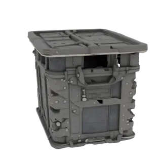 Modelo 3D de contêiner industrial cinza com tampa articulada, detalhado, com texturas de desgaste.