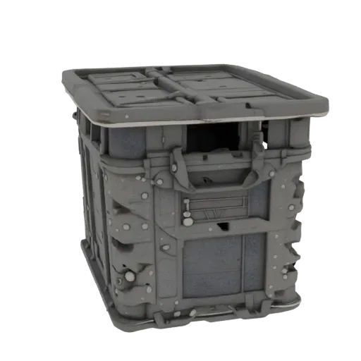 Modèle 3D d'un conteneur industriel gris avec couvercle articulé, détaillé, avec textures d'usure.