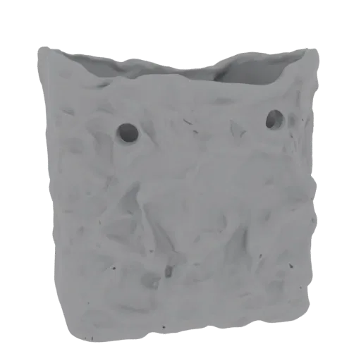 3D model render of a gray planter with a cracked, expressive face and two eye-like holes, set against a white background.