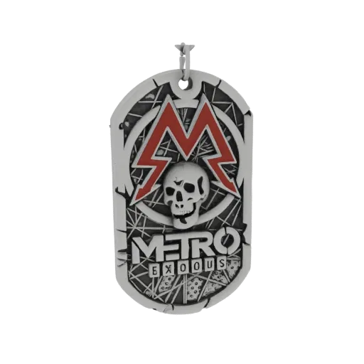 3D model of a Metro Exodus dog tag pendant with a red 'M' logo, skull, and game title.