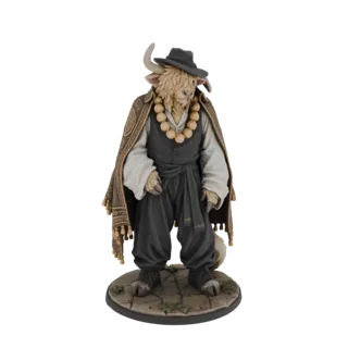 3D model of an anthropomorphic yak monk wearing a hat, prayer beads, and a patterned shawl, standing on a cobblestone base.