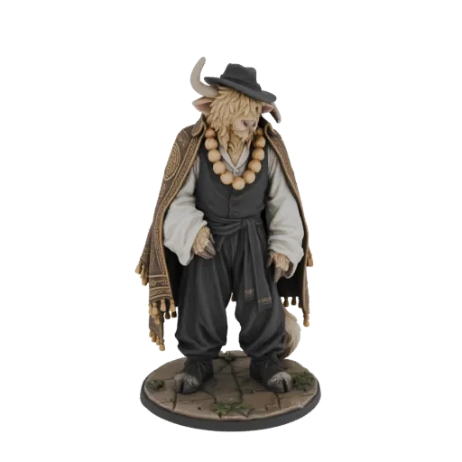 Modello 3D di uno yak monaco antropomorfo con cappello, perline e sciarpa fantasia, su base di ciottoli.