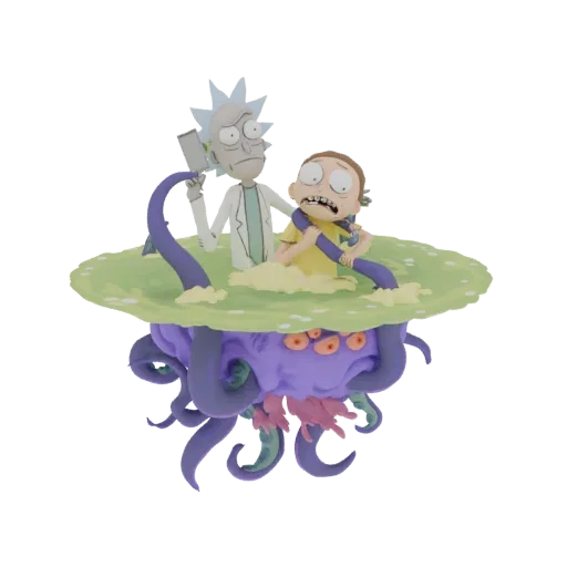 Modello 3D di Rick e Morty che combattono un mostro tentacolare viola su una piattaforma aliena verde.