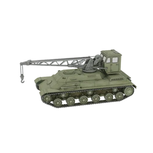3D-Modell eines sowjetischen Bergepanzers mit prominentem Auslegerkran und Kettenfahrwerk, in neutralem, unbemaltem Stil gere