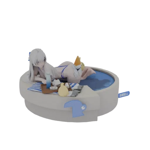 3D-Modell eines Anime-Mädchens im Bikini entspannt im Whirlpool mit Eis und Getränken.