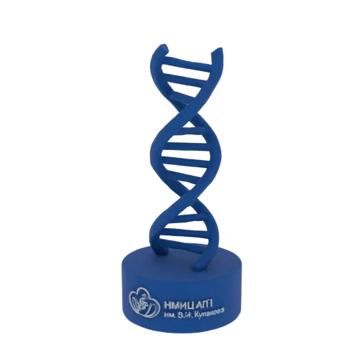 Modelo 3D de escultura de dupla hélice de DNA azul com base circular apresentando emblema científico e texto.
