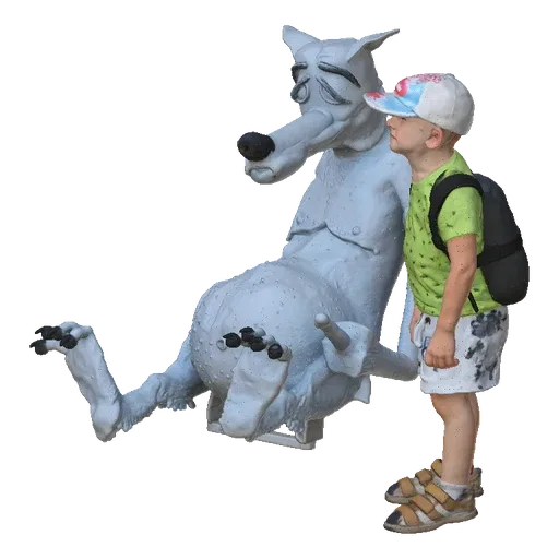 3D model of a sad, light-blue wolf sitting next to a young boy wearing a green shirt and backpack.