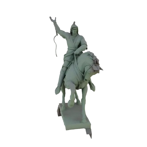 3D render of a light green, untextured statue of a warrior on horseback, with the warrior's sword raised high.
