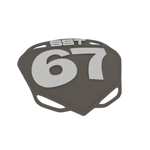 3D render of a dark grey motorcycle number plate with white 'SST' and '67' graphics, featuring mounting holes.