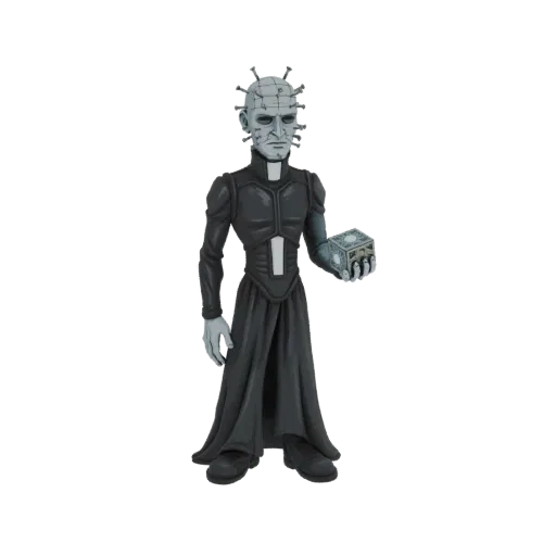 3D model of Pinhead from Hellraiser holding the Lament Configuration puzzle box, with pins in his head and wearing dark robes.