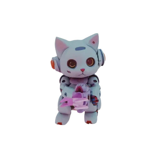 3D model of a white cybernetic cat with orange headphones, holding a pink laser gun, against a white background.