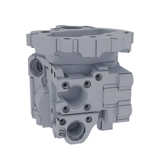 3D model of a complex industrial hydraulic pump housing with multiple ports and bolt connections, shown from a slightly eleva