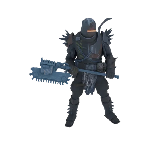3D model of a post-apocalyptic warrior in dark armor, holding a large chain axe with a saw blade.