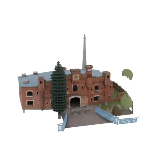 3D model of a red brick fortress with a tall chimney, a green tree, and a blue fence, set against a white background.