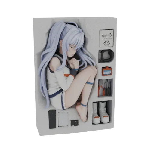 3D model of a sleeping anime girl with purple hair, wearing a sporty outfit, surrounded by accessories like headphones and to