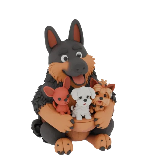 3D model of a cartoon German Shepherd hugging three small puppies: chihuahua, maltipoo, and yorkie.