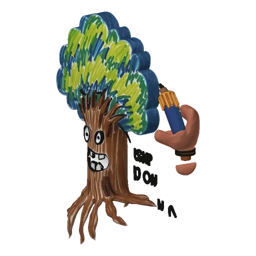 3D model of a cartoon tree character with a face, holding a marker and drawing another tree.