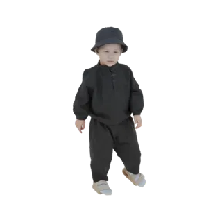 3D model of a young boy wearing a black bucket hat and a matching black outfit, standing with a slight lean.