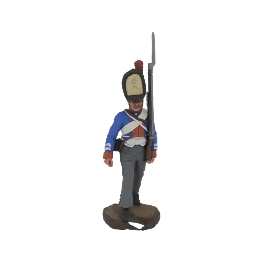 3D model of a Napoleonic era soldier in uniform, holding a musket, standing on a textured base.