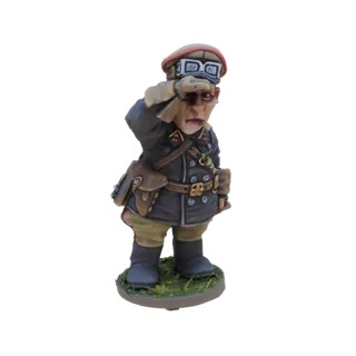 3D model of a chubby German officer in uniform, wearing goggles on his cap and giving a salute, standing on a grassy base.